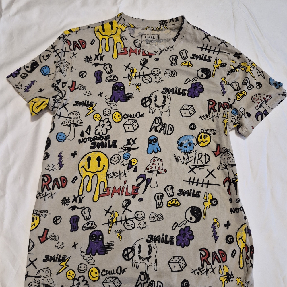 rue21 White Tee with Yellow, Purple & Red Doodle Print